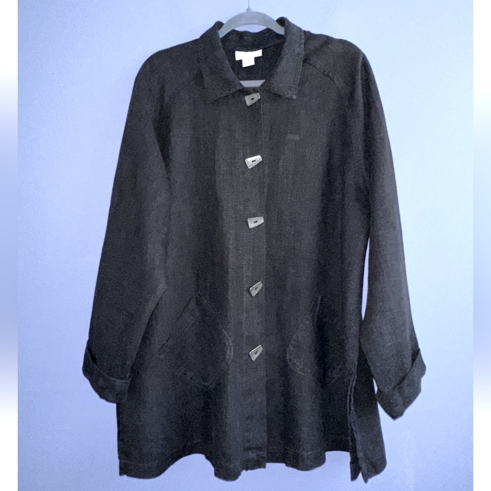 J. Jill Women's Black Button Front Lagenlook Linen Jacket Sz M 100%‎ Linen USA